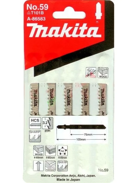 MAKITA A-86583 - BLister de 5 hojas de calar hcs corte limpio para madera clase t101b 8 dpp 75mm dientes tipo c