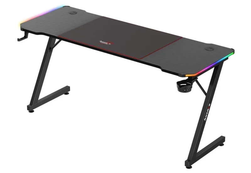 huzaro Hero 4.8 RGB Mesa de escritorio XXL para videojuegos, incluye alfombrilla de ratón, gancho para auriculares, soporte para bebidas, organizador de cables, tablero de carbono, mesa estable, 160 x