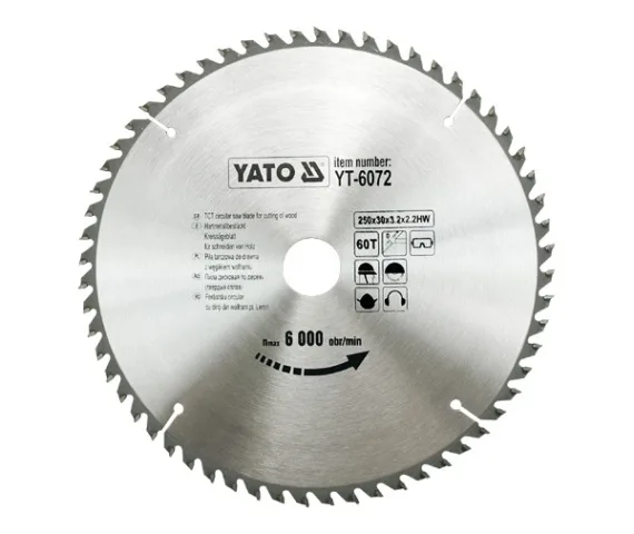 YATO, modelo YT-6072, Hoja de sierra circular de 25 cm, 1 pieza, ideal para cortes precisos en madera, metal y plástico, alta durabilidad, herramienta profesional