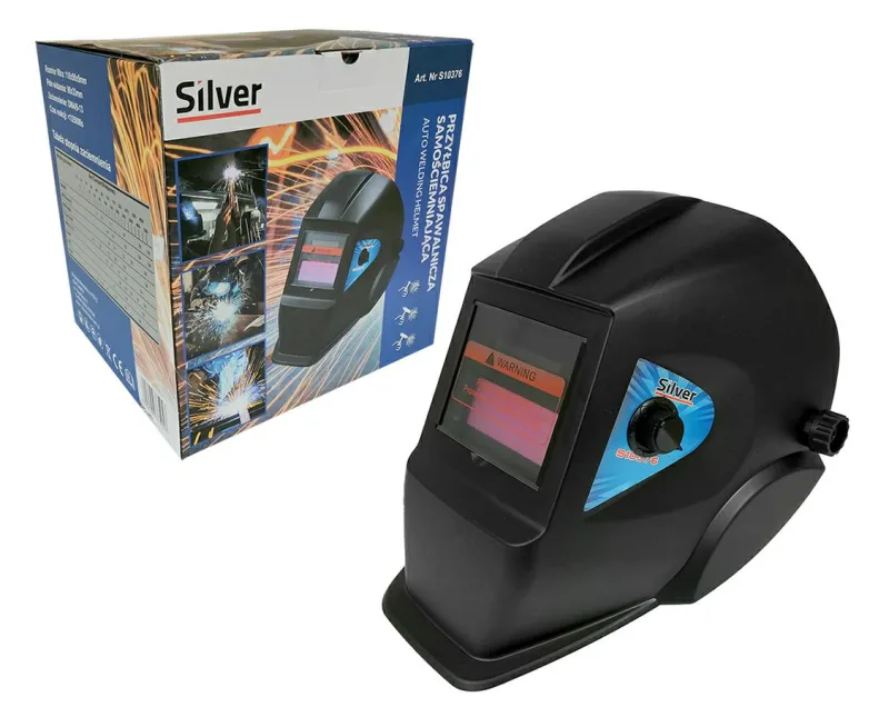 Casco de Soldar Autooscurecido, Mar-pol, Plata 10376, para protección ocular y facial, visera autooscurecedora, material polimérico resistente, normas EN379 y EN175