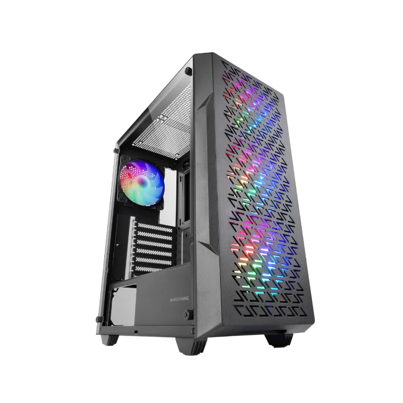 Mars Gaming MC-Geo, Caja Gaming ATX, 4X Ventiladores FRGB Rainbow 12cm, Panel Frontal Mesh Geométrico, Ventana Lateral Cristal Templado, Semitorre Doble Cámara, Soporte Refrigeración Líquida, Negro