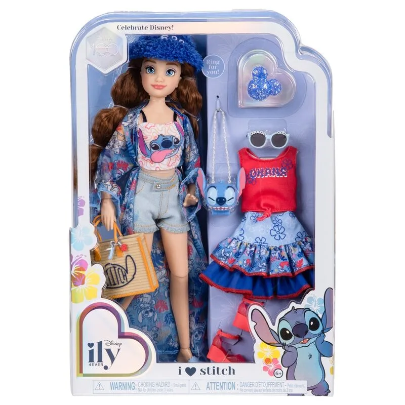 DISNEY STORE Muñeca Fashion 30 cm Inspirada en Stitch de Verano - Incluye 2 Outfits y Accesorios - hasta 10 Puntos de Articulación, Brown Wavy Hair Stitch Fashion Doll
