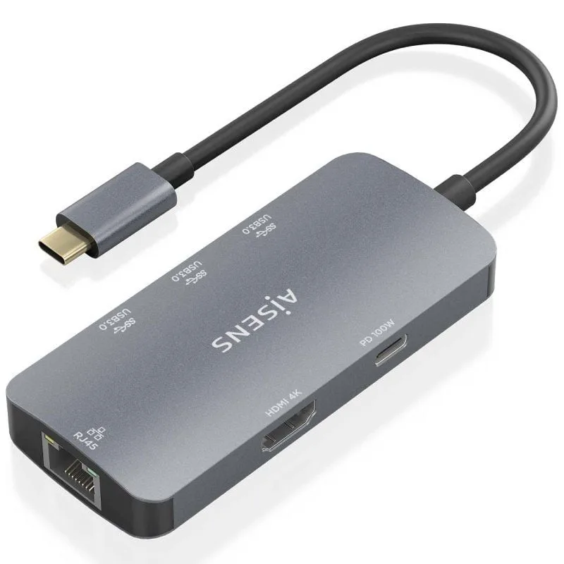 AISENS - ASUC-6P019-GR - USB-C Dock 6 en 1, USB-C A 1XHDMI, 1XRJ45, 3XUSB-A, 1XUSB-C PD, Gris, 15Cm