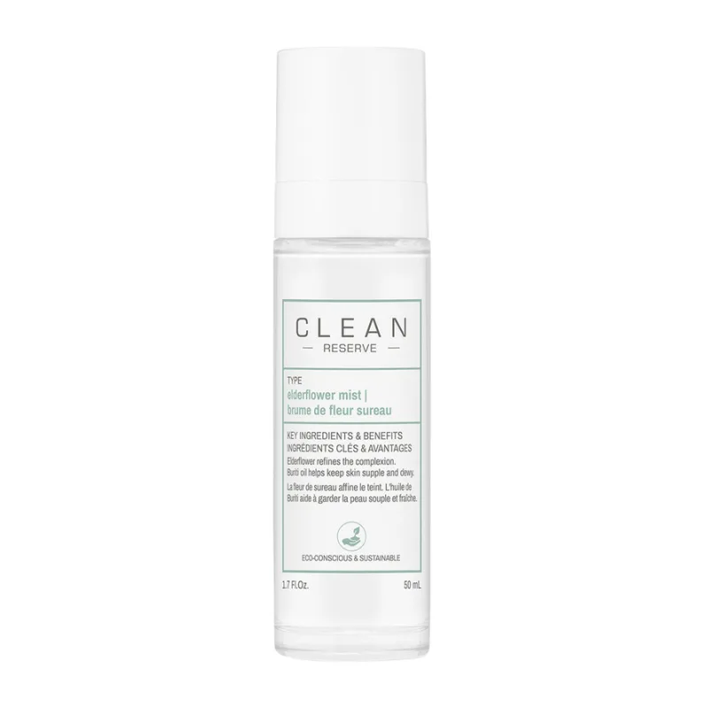 Clean Reserve Elderflower, mist hidratante facial en spray de 50 ml, refrescante y humectante, ideal para revitalizar la piel con un aroma delicado y natural.