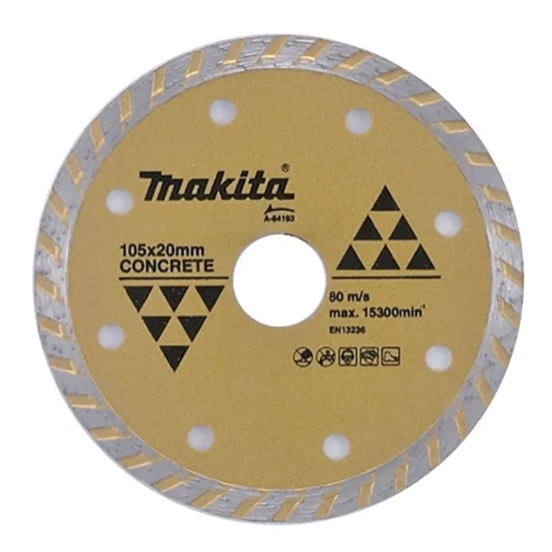 Makita, modelo 84143, disco de diamante turbo de 115 mm, ideal para cortar hormigón, cemento, mármol y cerámica, corte en seco, compatible con amoladoras, color plateado