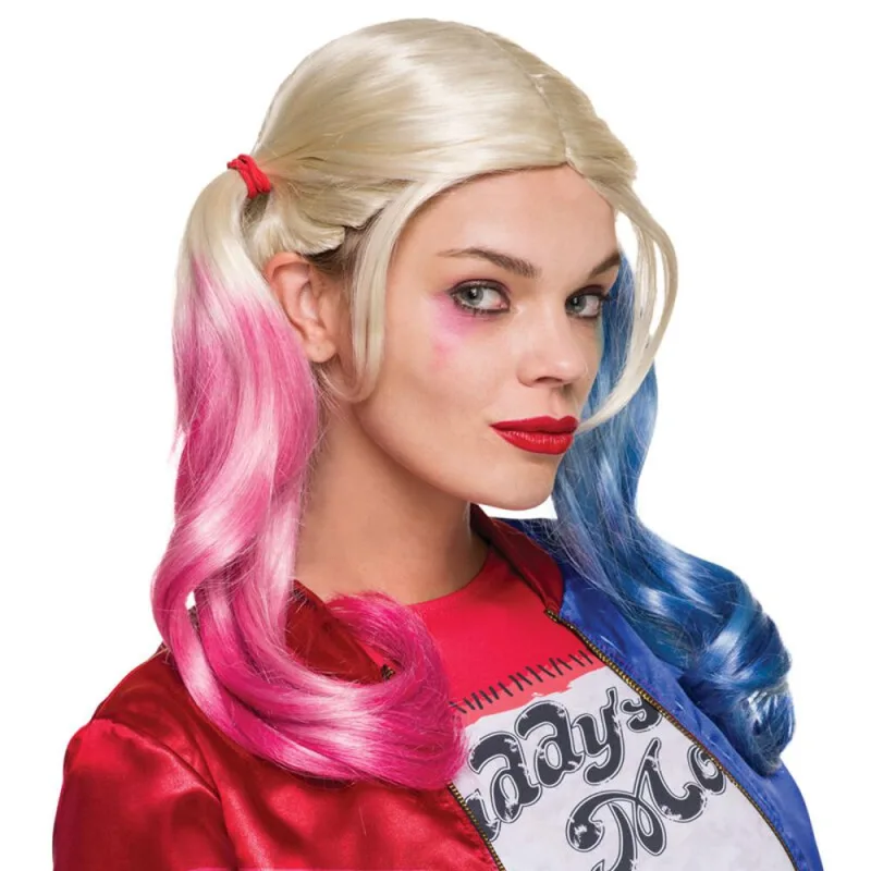 Peluca oficial de Harley Quinn del Escuadrón Suicida de Rubies para adultos: coletas rubias con puntas rosas y azules para Halloween.