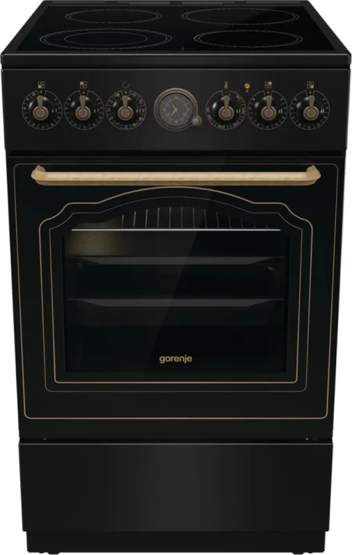 Gorenje Classico GECS 5B70CLB - Estufa eléctrica con vitrocerámica, diseño retro, 50 cm, 70 litros, cierre suave, calentamiento rápido, AirFry, ExtraSteam, modo de pizza, AquaClean, color negro