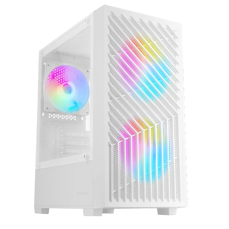 Mars Gaming MC- Vortex, Caja Gaming MicroATX, Frontal Mesh Geométrico, Ventana Lateral Cristal Templado, 3X Ventiladores FRGB Rainbow 120mm, Minitorre PC Compacta con Diseño Doble Cámara, Blanco