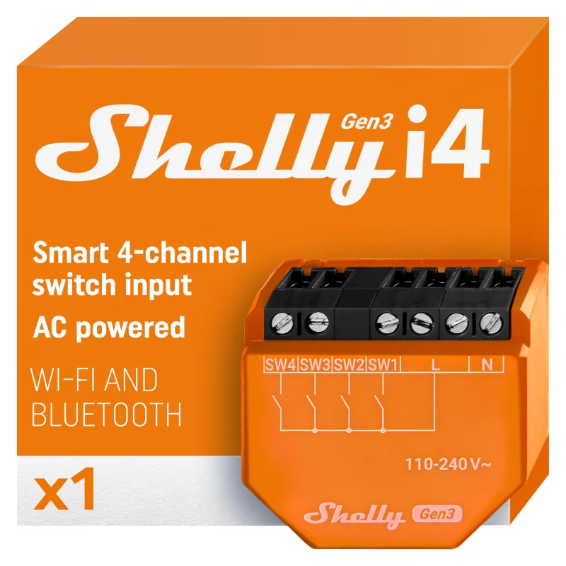 Shelly i4 Gen3 - Controlador Wi-Fi y Bluetooth de 4 Canales, Contacto Seco, Activación por App/Voz, Alexa Integración, Sin HUB, 8 MB, Hasta 16 Clics