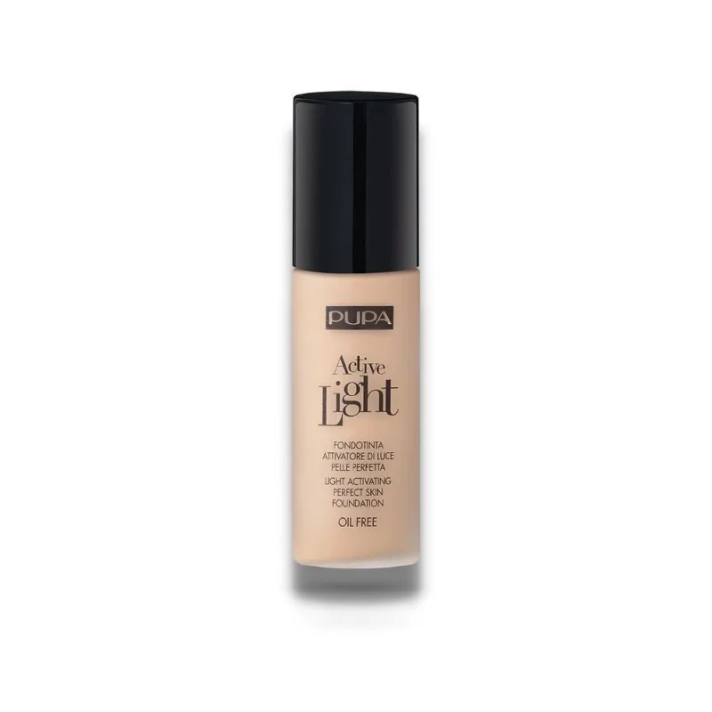 Pupa Milano Active Light Foundation, base líquida de 30 ml, tono 060 Amber, frasco dispensador, para todo tipo de pieles, activador de luz para un acabado radiante