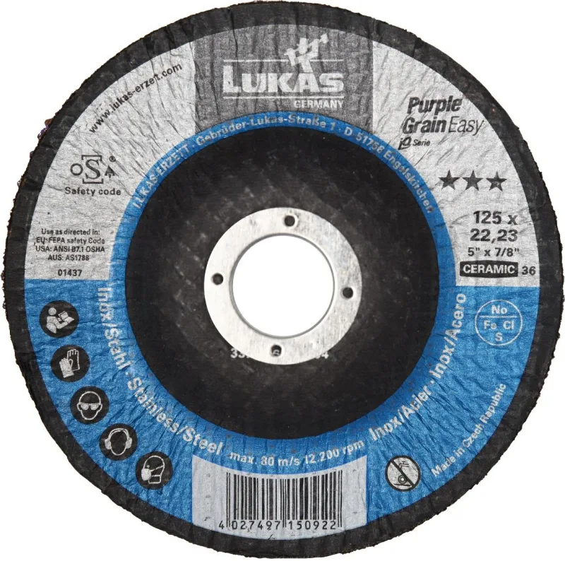 Ściernica Talerzowa Lukas 125mm P80 Purple Grain | Lijado Profesional, Alta Durabilidad, Eficiencia en Metal, Perfecta para Superficies Inoxidable y Metálicas.