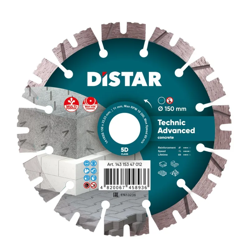 Disco de corte diamantado, Distar Technic Advanced 150 x 2,3/1,5 x 11 x 22,23-12, ideal para corte de materiales duros, alta precisión, durabilidad y rendimiento profesional.
