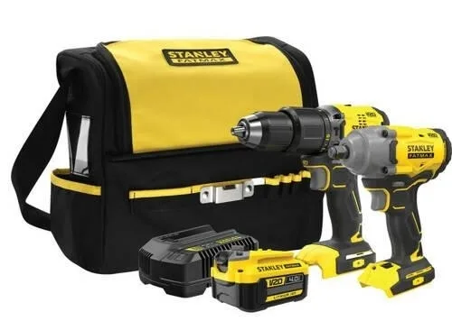Stanley, SFMCK217M1S, set inalámbrico taladro percutor y llave de impacto, sistema V20 20V, batería 4,0Ah incluida, bolsa y cargador, uso profesional, negro con amarillo