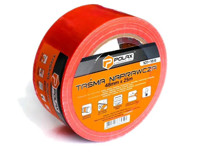 POLAX, modelo IN-AW-101-168, Cinta reparadora naranja 48 mm x 10 m, ideal para reparaciones rápidas y señalización, adhesivo fuerte, flexible, resistente al agua y al desgarro