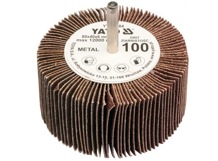 Disco de láminas, marca YATO, modelo YT-83383, ideal para desbaste y acabado de superficies metálicas y de madera, dimensiones 80x40x6 mm, grano 80, alta eficiencia y durabilidad.