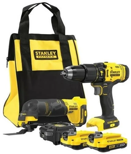 Stanley, SFMCK213D2S, set inalámbrico taladro percutor y atornillador de impacto, sistema V20 20V, 2 baterías 2,0Ah incluidas, bolsa y cargador, negro con amarillo