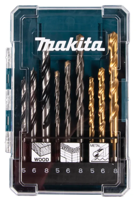 Makita D-71962 Set de 9 brocas con los tamaños más comunes (5, 6, 8 mm) para materiales de Madera , metal y Piedra.
