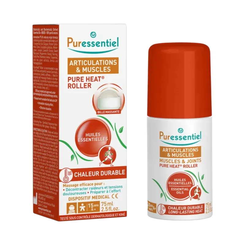 Aceite corporal roll-on Puressentiel Pure Heat con aceites esenciales, para articulaciones y músculos, 75 ml, alivio natural y efecto calor