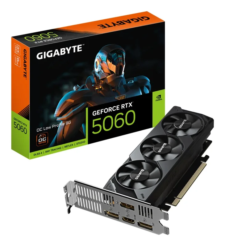 GIGABYTE GeForce RTX 5060 OC Low Profile 8G Tarjeta Gráfica - 8GB GDDR7, 128bit, PCI-E 5.0, 2512 MHz Frecuencia del núcleo, 3 x DisplayPort, 1 x HDMI, GV-N5060OC-8GL