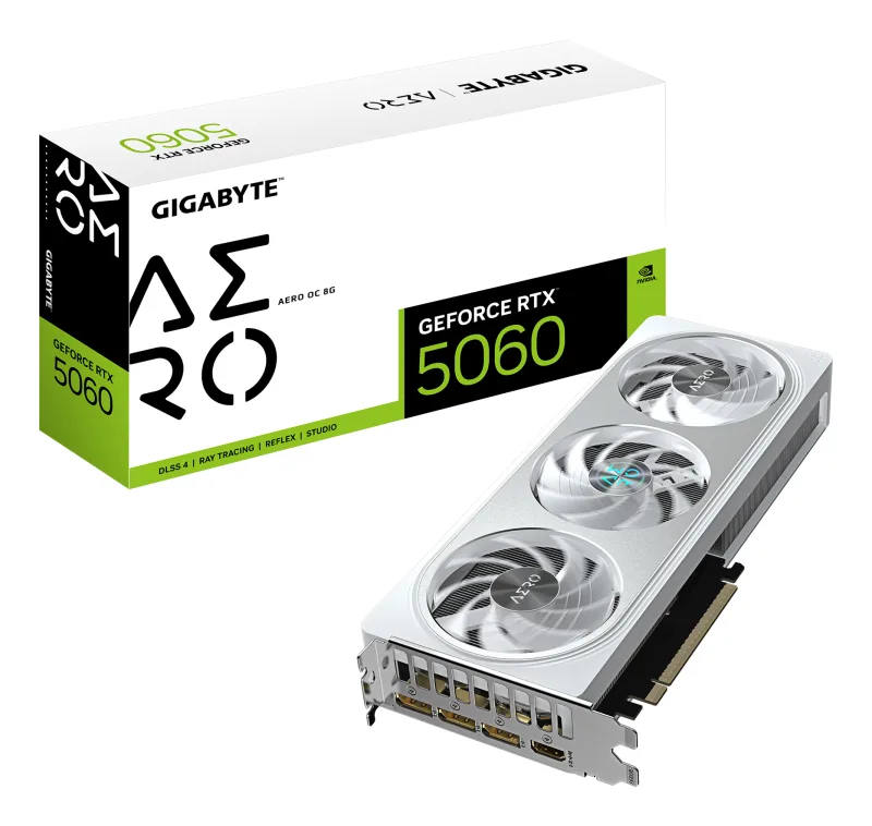 GIGABYTE GeForce RTX 5060 AERO OC 8G Tarjeta Gráfica - 8GB GDDR7, 128bit, PCI-E 5.0, 2595 MHz Frecuencia del núcleo, 3 x DisplayPort, 1 x HDMI, GV-N5060AERO OC-8GD