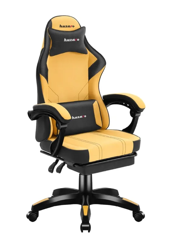 huzaro Force 3.7 Yellow Silla de oficina giratoria con cojín cervical y lumbar | Silla ergonómica con respaldo ajustable y reposapiés | Cilindro de presión de gas | Ruedas de poliuretano de 50 mm