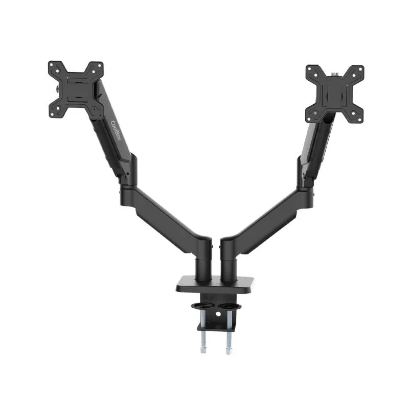 CoolBox M02D - Brazo Monitor Doble para Pantallas hasta 32", hasta 8Kg en Cada Brazo, Altura, Inclinación y Giro Ajustables, Rotación Monitor Vertical, VESA 75x75/100x100, Negro