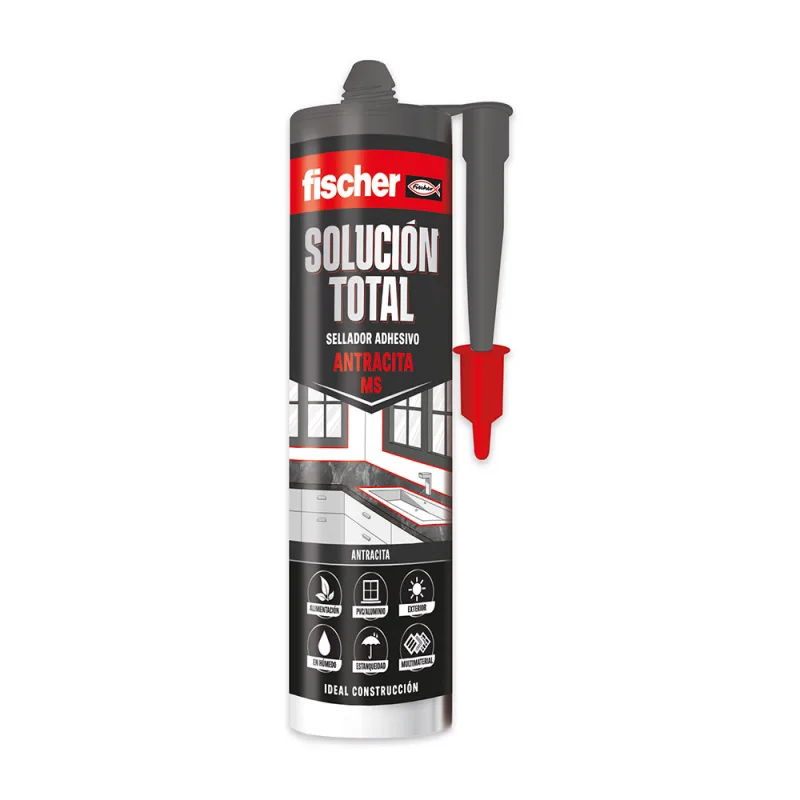 fischer - Solución Total Antracita 290ml | Sellado de Juntas y Adhesión Versátil | Uso Interior y Exterior | Resistente a la Intemperie y Pintable | Fácil Aplicación con Pistola de Silicona