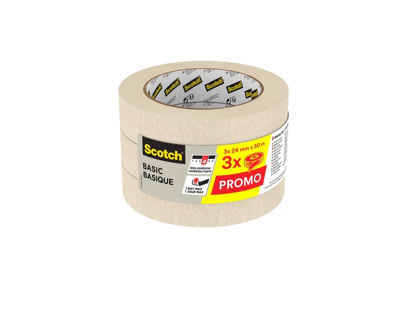 Scotch Basic - Cinta de enmascarar, 24 mm x 50 m, 3 unidades/paquete
