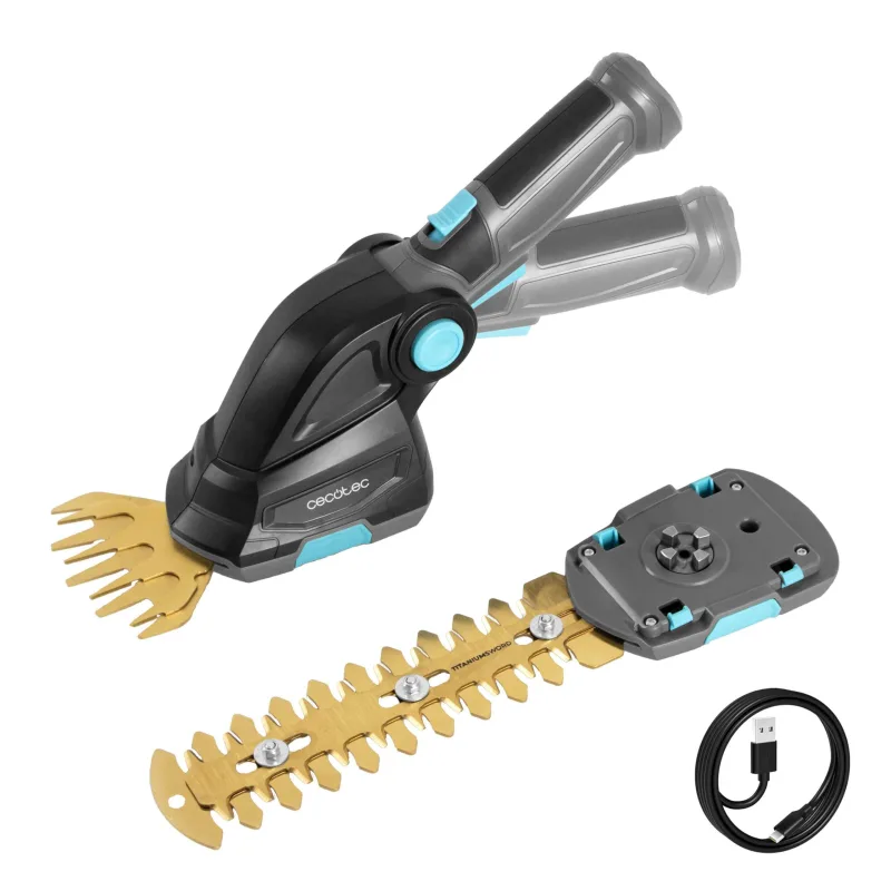 Cecotec Cortasetos a Batería de Mano 2 en 1 TitaniumSword 2000 Hand. Batería Integrada 7,2V, Motor sin Escobillas, Brushless, Cuchillas de Titanio, Mando Rotatorio, 2 Accesorios, Sistema de Seguridad