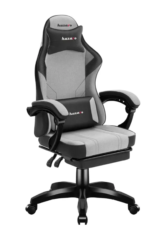 huzaro Force 3.7 Grey | Silla de juegos con cojín cervical y lumbar | Silla ergonómica giratoria con respaldo ajustable, reposapiés e iluminación RGB | Cilindro de presión de gas | Ruedas de