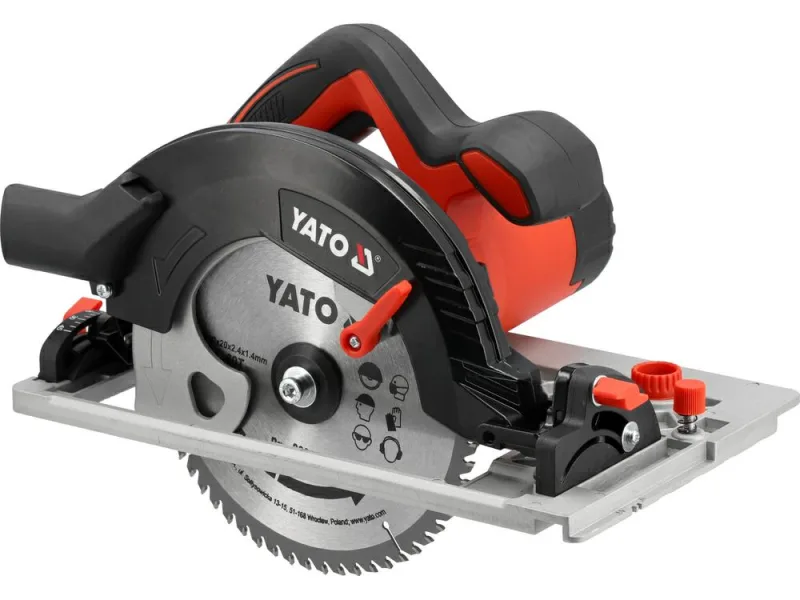 Yato Sierra circular de mano, 1600 W, incluye hoja de 190 mm de diámetro, 60 dientes, profundidad de corte de 66 mm, ángulo de corte de 0 a 45°, incluye riel guía