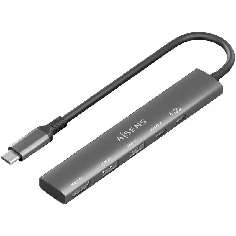 AISENS USB-C Dock 5 en 1, USB-C A, 1x HDMI 2x USB-A, 1x USB-C, 1x USB-C PD, Gris, 15cm