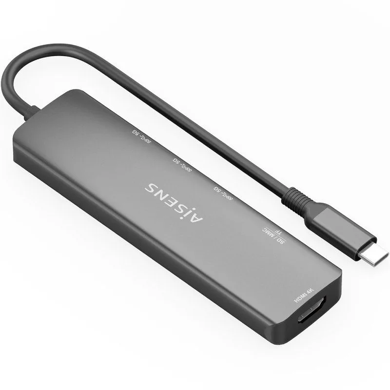 AISENS USB-C Dock 6 en 1, USB-C A, 1x HDMI, 3x USB-A, 1x SD, 1x MicroSD, Gris, 15cm