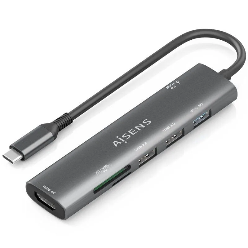 AISENS USB-C Dock 7 en 1, USB-C A, 1x HDMI, 2x USB-A USB2.0, 1x USB-A USB3.0, 1x USB-C PD 100W, 1x SD, 1x MicroSD, Gris, 15cm