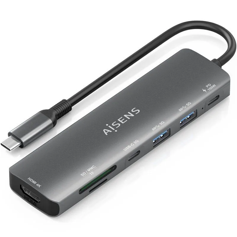 AISENS USB-C Dock 7 en 1, USB-C A, 1x HDMI, 2x USB-A, 1x USB-C, 1x USB-C PD 100W, 1x SD, 1x MicroSD, Gris, 15cm