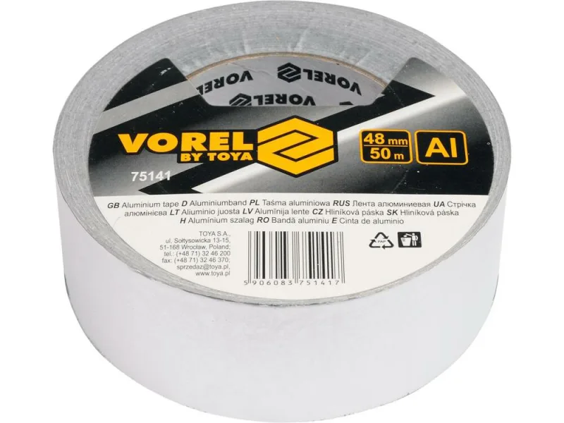 Cinta adhesiva Vorel 75141, 50 m, de aluminio, ideal para sellado y reparación, alta resistencia, versátil, perfecta para aplicaciones industriales y domésticas, fácil de usar.