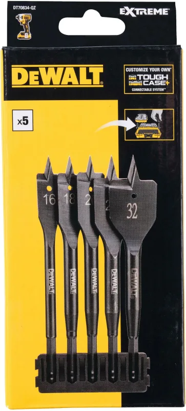 DeWalt DT70834-QZ, set de brocas planas para madera, uso profesional en carpintería, perforación precisa y rápida de 16-32 mm con soporte resistente, color negro/amarillo
