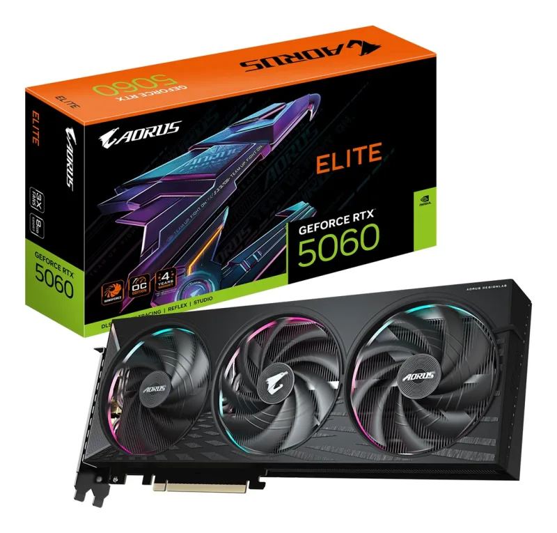 GIGABYTE AORUS GeForce RTX 5060 ELITE 8G Tarjeta Gráfica - 8GB GDDR7, 128bit, PCI-E 5.0, 2722 MHz Frecuencia del núcleo, 3 x DisplayPort, 1 x HDMI, GV-N5060AORUS E-8GD