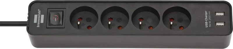 Brennenstuhl Regleta Ecolor con USB y 4 enchufes (regleta con 2 Puertos USB, Brazo y Cable de 1,5 m), Color Negro