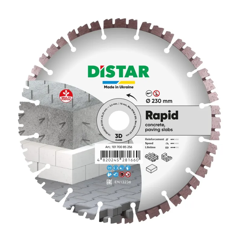 Disco de corte diamante, Distar, modelo Rapid 230 x 2,4/1,5 x 10 x 22,23-16 - alta velocidad y precisión para cortes rápidos en cerámica, concreto y materiales duros.