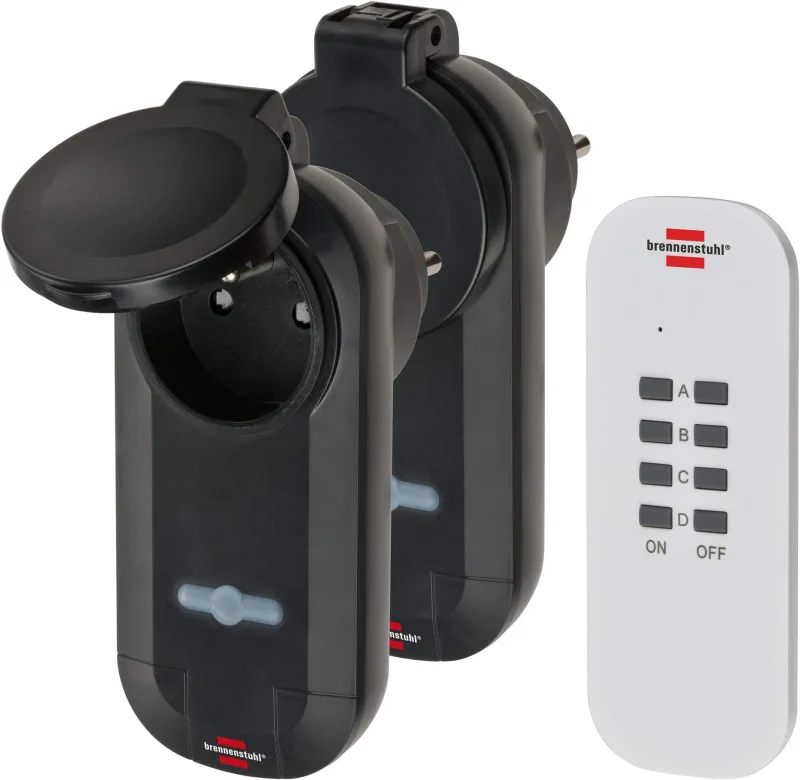 Brennenstuhl 1507031 - Juego de 1 Mando a Distancia y 2 receptores (Encendido y Apagado fácilmente los apprailes eléctricos, IP44), Color Negro y Blanco, Negro y Blanco, 2 enchufes
