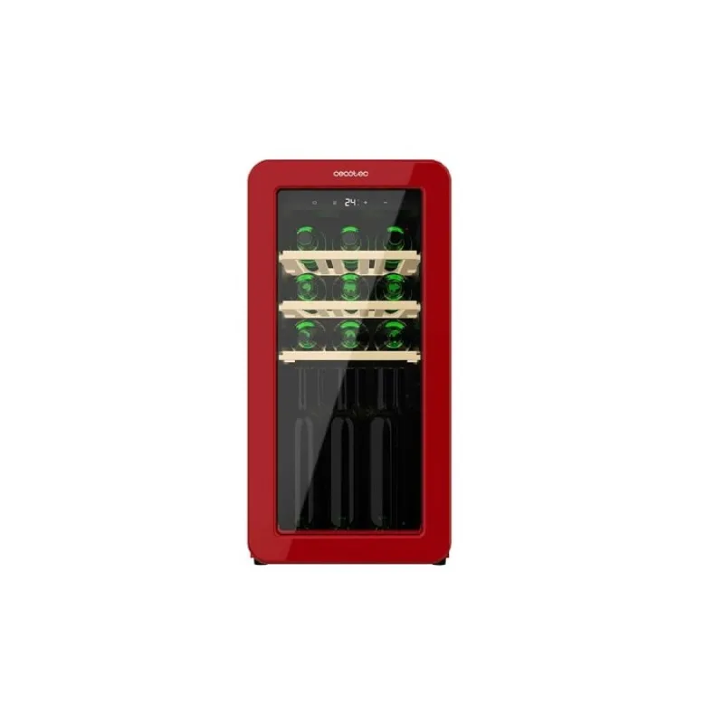 Vinoteca de diseño retro color rojo, capacidad para 18 botellas, control electrónico de temperatura mediante display led, rango ajustable de 5 a 20ºc, compresor integrado, tecnología nofrost.