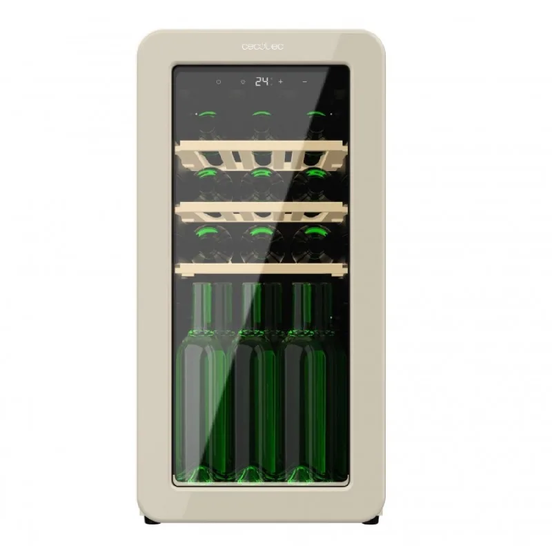 Vinoteca de diseño retro color beige, capacidad para 18 botellas, control electrónico de temperatura mediante display led, rango ajustable de 5 a 20ºc, compresor integrado, tecnología nofrost.