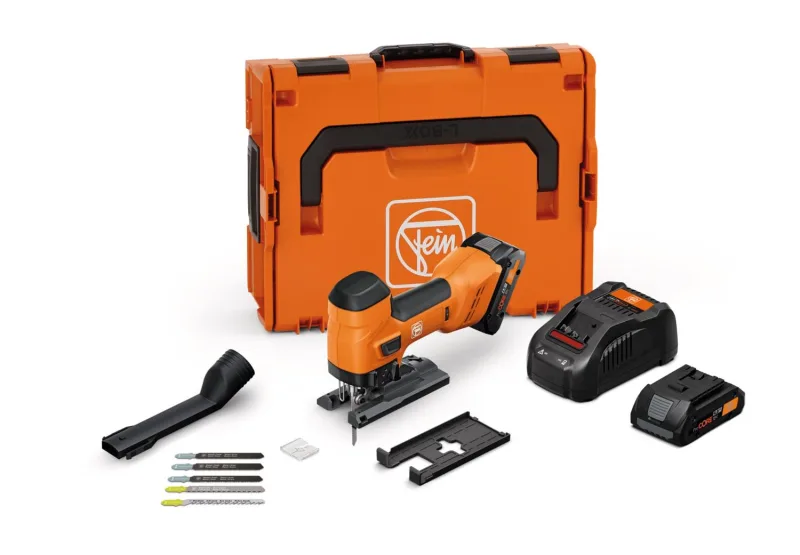 FEIN SSierra de calar a batería para metal y madera con 26 mm de carrera F-IRON Jig 26 AS Set 2 x 4 Ah. Potente para cortes precisos y curvos en metal y madera. 2 baterías ProCORE 4 Ah y cargador