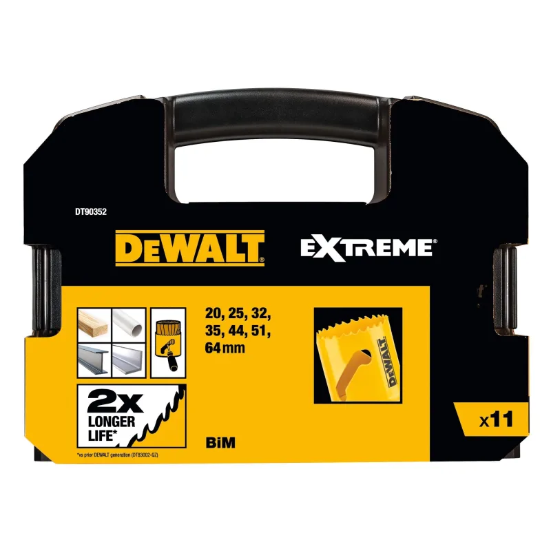 Juego de 11 coronas de perforación bimetálicas DeWALT para electricistas, diámetros desde 20 mm hasta 127 mm, incluye adaptadores y caja de almacenamiento, ideales para perforaciones precisas en instalaciones eléctricas.