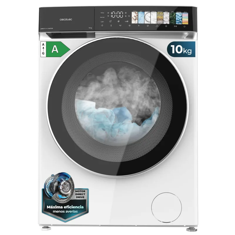 Cecotec Lavadora 10Kg Carga Frontal Bolero DressCode 10970 Direct Drive. Motor Direct Drive, 1400RPM, 11 Programas, PantallaFullColor, Puerta XXL, Función Vapor, Luz Interior, Stop&Go, Blanco