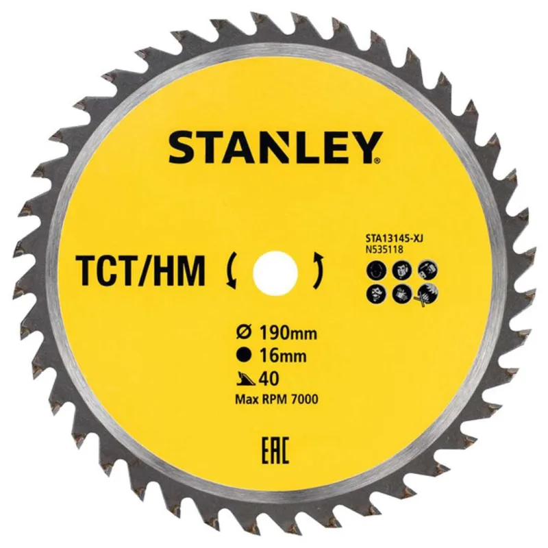 Stanley Accesorios Sta13145- XJ Hoja Tct, diam 190 x 16 mm 40 Dientes Positivos Atb