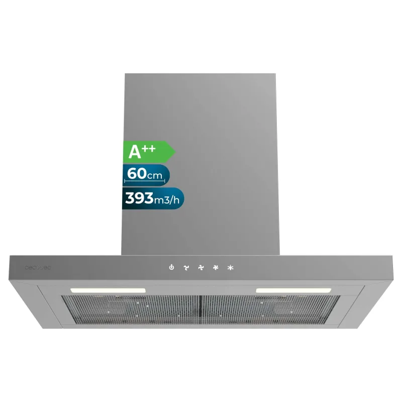 Cecotec campana extractora "t" bolero flux tt 604000 inox a++ de 60cm de ancho, con 393m3/h de succión, 3 velocidades, ss touch control, acabado inoxidable, clase energética a++, motor dc, luz led.