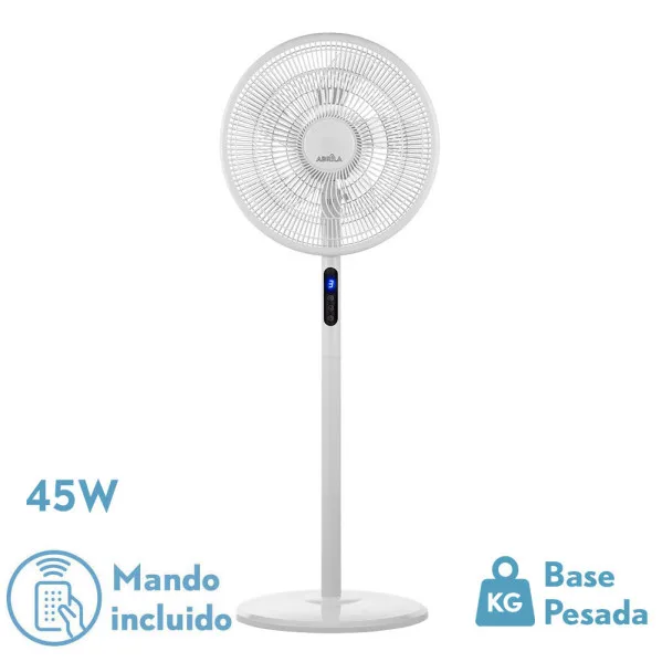 Ventilador de pie reacondicionado FABRILAMP ICONO para ventilación interior, blanco, 45W, 3 velocidades, 5 aspas, mando a distancia y temporizador