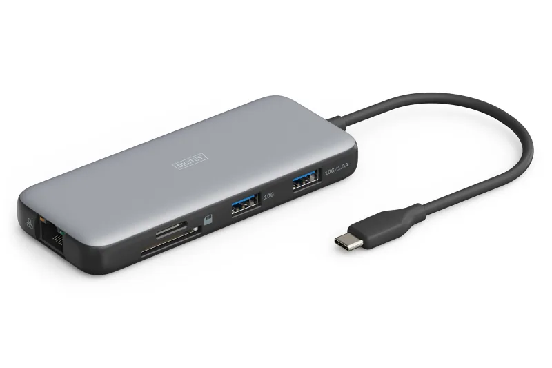 DIGITUS Estación de Acoplamiento USB-C - 7 Puertos - 1x HDMI UltraHD 4k/60Hz - 2X USB-A 3.2 Gen2-1x USB-C 100W PD 3.0-1x RJ45 - Doble Lector de Tarjetas - Gris